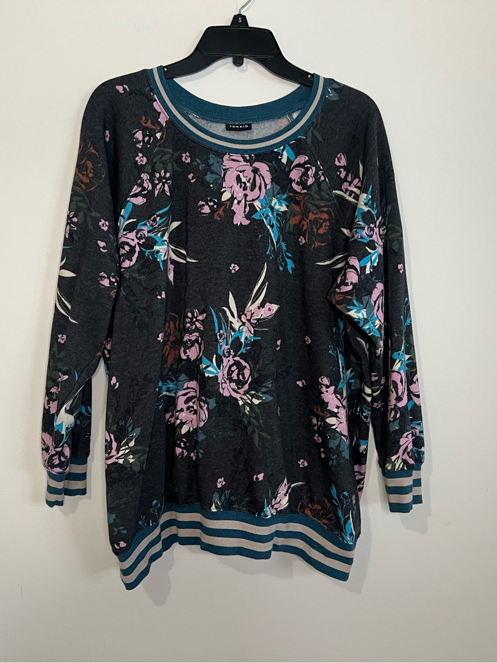 torrid Black Floral Crewneck Sweatshirt with Pink & Teal Accents